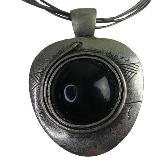 Large Brutalist Abstract Black Silver Tone Pendant on Sterling Dyadema Necklace - Picture 2 of 13